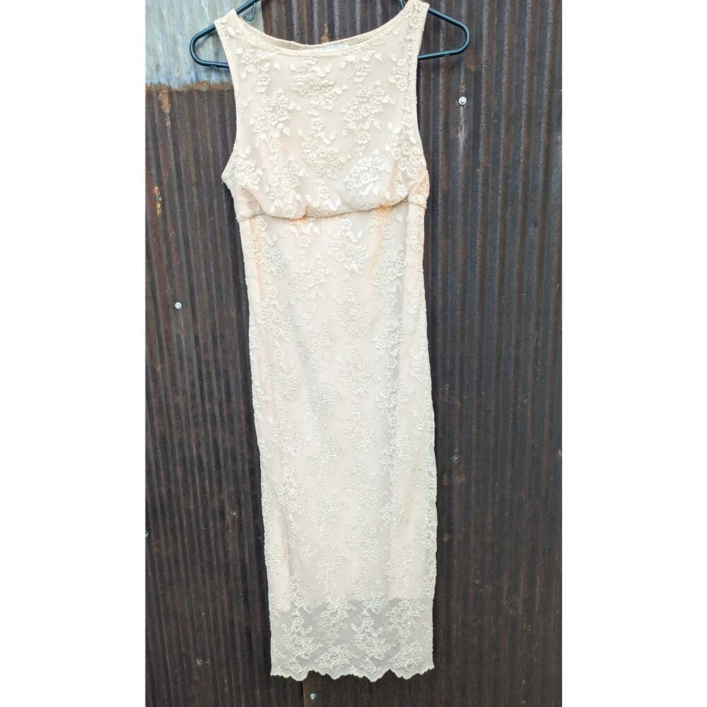 Vintage Y2K Sheath Maxi Dress Medium Beige Lace Bodycon Gatsby Fairy Ethereal